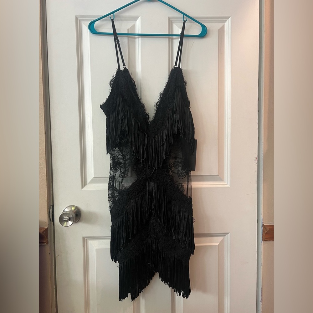 AKIRA Black Fringe Lace Backless Dress